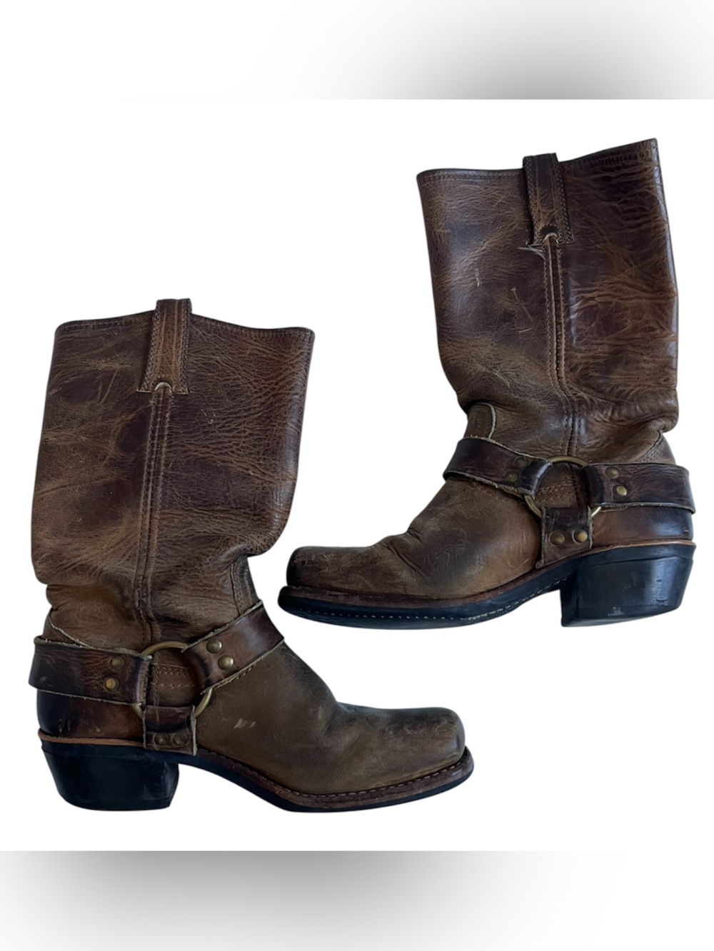Frye Brown Leather Harness Heeled Boots